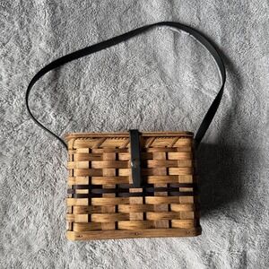 Vintage Woven Wood Basket Purse Box Bag Brown Cottagecore Crossbody Shoulder Bag